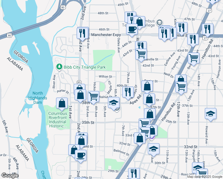 map of restaurants, bars, coffee shops, grocery stores, and more near 3914 Maple Circle in Columbus