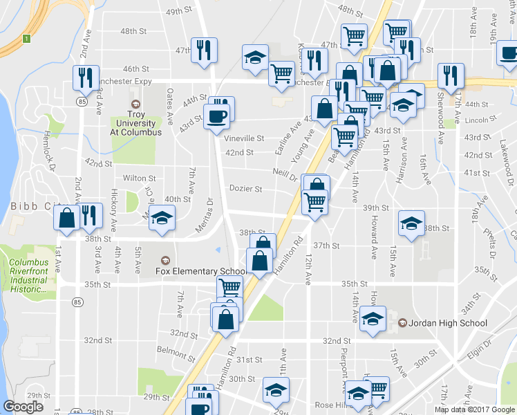 map of restaurants, bars, coffee shops, grocery stores, and more near 1007 39th Street in Columbus