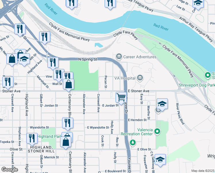 map of restaurants, bars, coffee shops, grocery stores, and more near 1243 Pecan Street in Shreveport