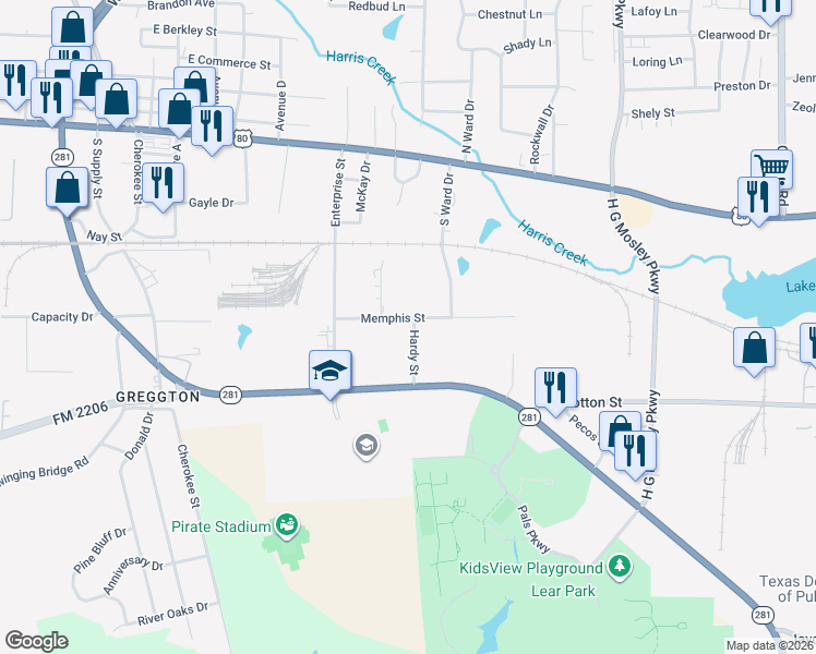 map of restaurants, bars, coffee shops, grocery stores, and more near 912 Memphis Street in Longview