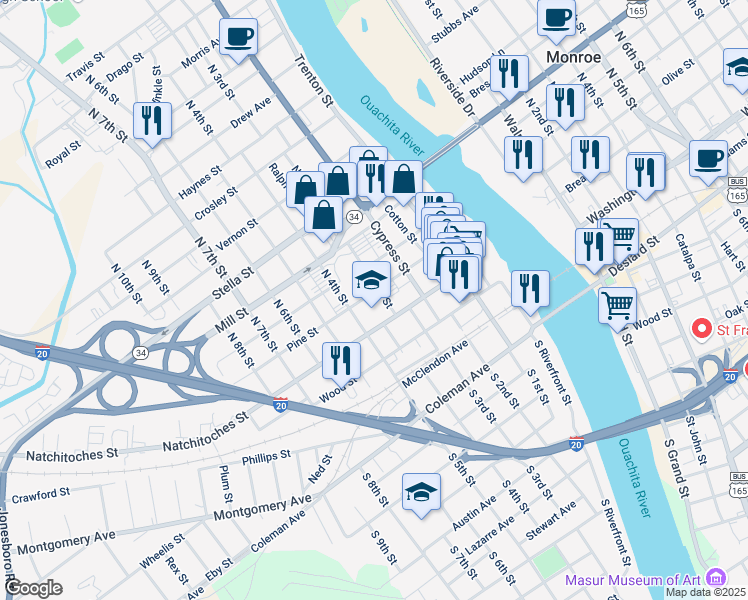 map of restaurants, bars, coffee shops, grocery stores, and more near 700 Natchitoches Street in West Monroe