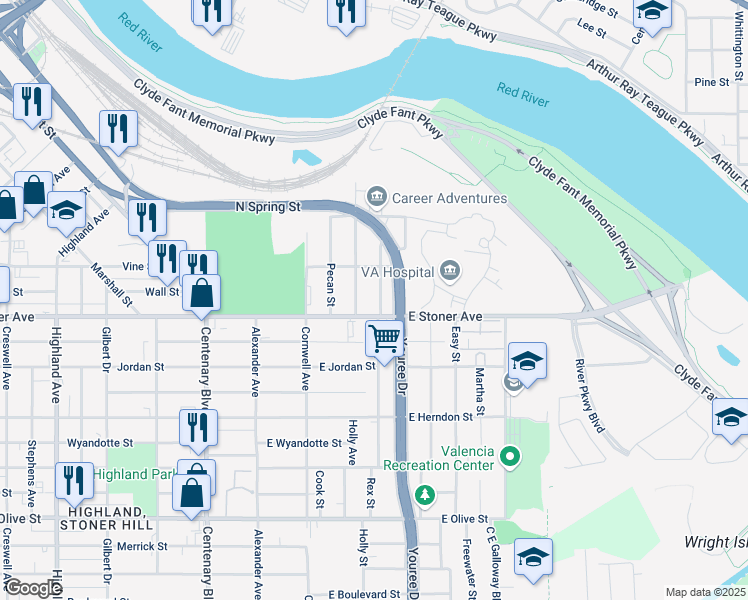 map of restaurants, bars, coffee shops, grocery stores, and more near 1236 Vaughn Avenue in Shreveport