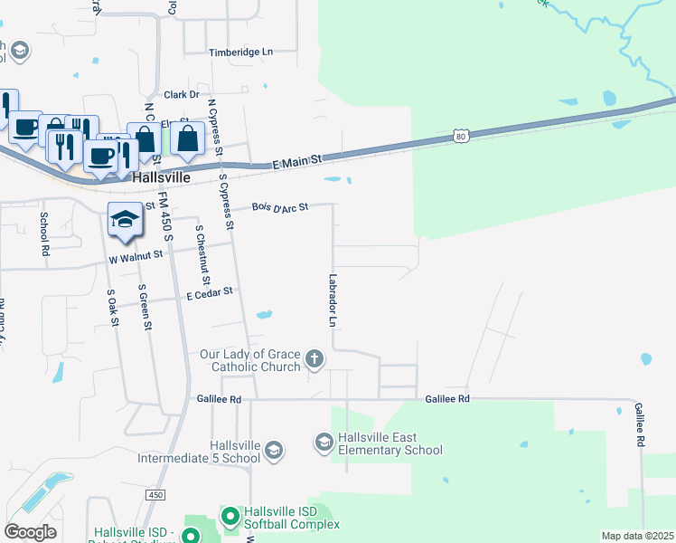 map of restaurants, bars, coffee shops, grocery stores, and more near 100 Pintail Lane in Hallsville