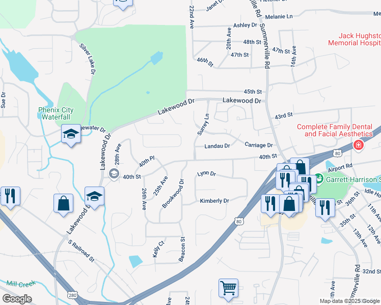 map of restaurants, bars, coffee shops, grocery stores, and more near 4003 Surrey Lane in Phenix City