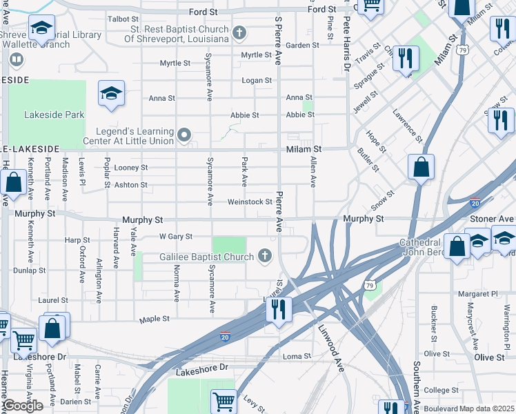map of restaurants, bars, coffee shops, grocery stores, and more near 1627 Weinstock Street in Shreveport