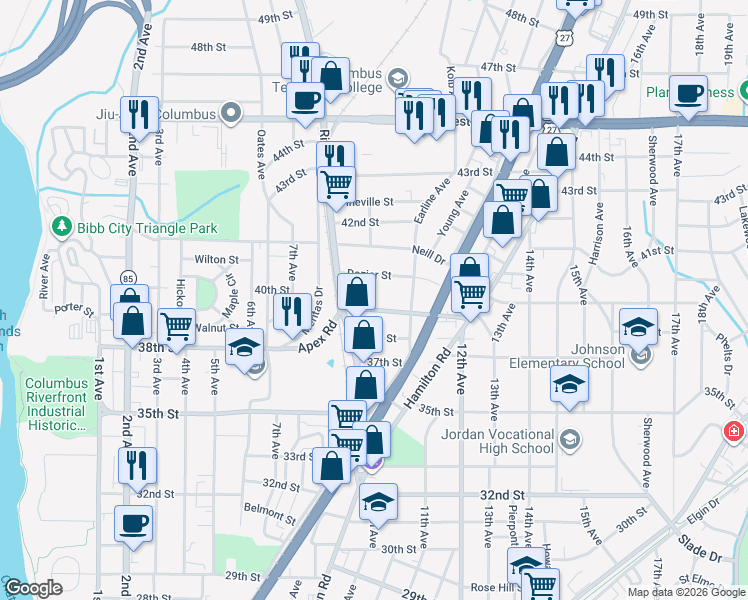 map of restaurants, bars, coffee shops, grocery stores, and more near 931 39th St in Columbus