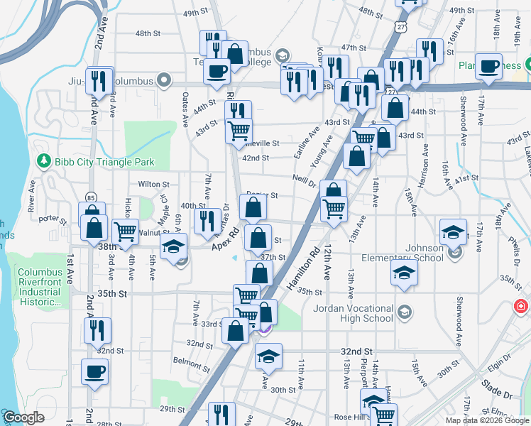 map of restaurants, bars, coffee shops, grocery stores, and more near 931 39th Street in Columbus