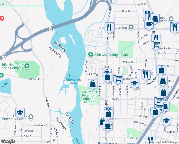 map of restaurants, bars, coffee shops, grocery stores, and more near in Bibb City