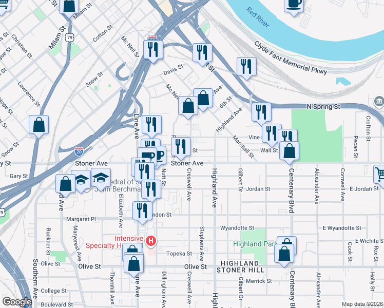 map of restaurants, bars, coffee shops, grocery stores, and more near 537 Wall Street in Shreveport