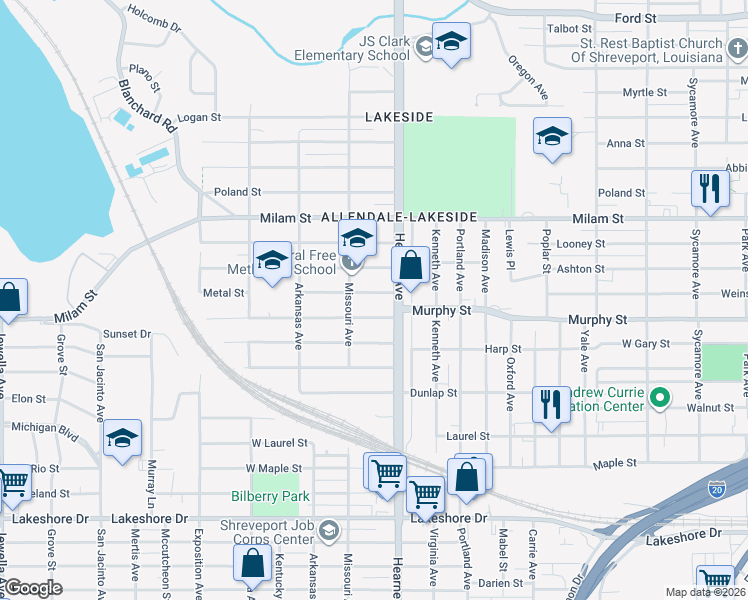 map of restaurants, bars, coffee shops, grocery stores, and more near 2735 Metal Street in Shreveport