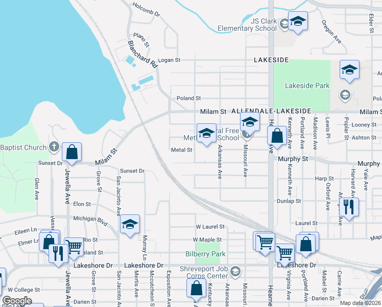 map of restaurants, bars, coffee shops, grocery stores, and more near 3125 Metal Street in Shreveport
