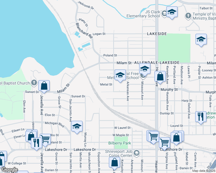 map of restaurants, bars, coffee shops, grocery stores, and more near 3125 Metal Street in Shreveport