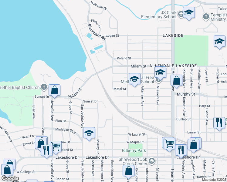 map of restaurants, bars, coffee shops, grocery stores, and more near 3157 Metal Street in Shreveport