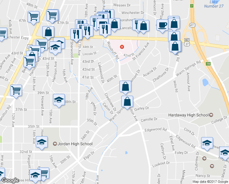 map of restaurants, bars, coffee shops, grocery stores, and more near 2103 Rosemont Drive in Columbus