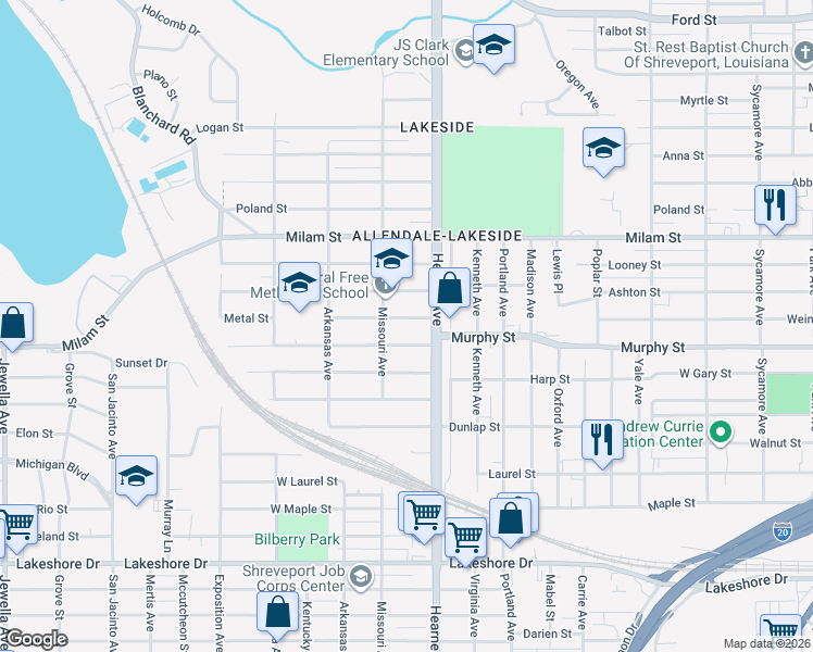 map of restaurants, bars, coffee shops, grocery stores, and more near 2735 Metal St in Shreveport