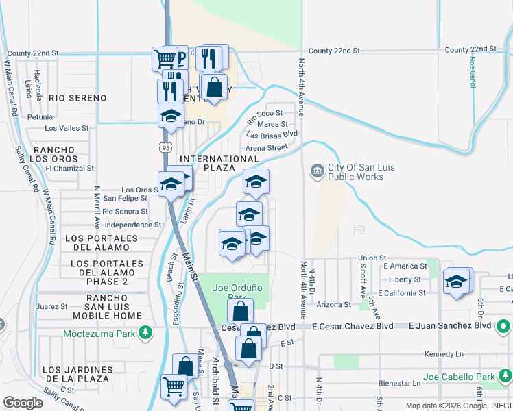 map of restaurants, bars, coffee shops, grocery stores, and more near 1245 N Main Street in San Luis