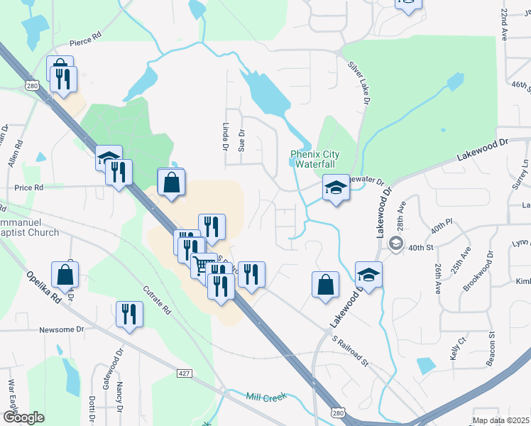 map of restaurants, bars, coffee shops, grocery stores, and more near Bridgecrest Drive in Phenix City