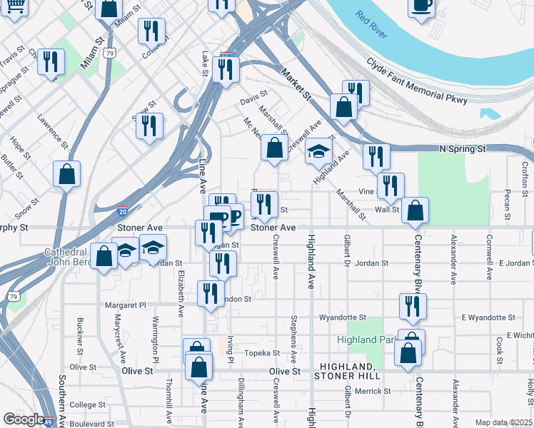 map of restaurants, bars, coffee shops, grocery stores, and more near 613 Wall Street in Shreveport