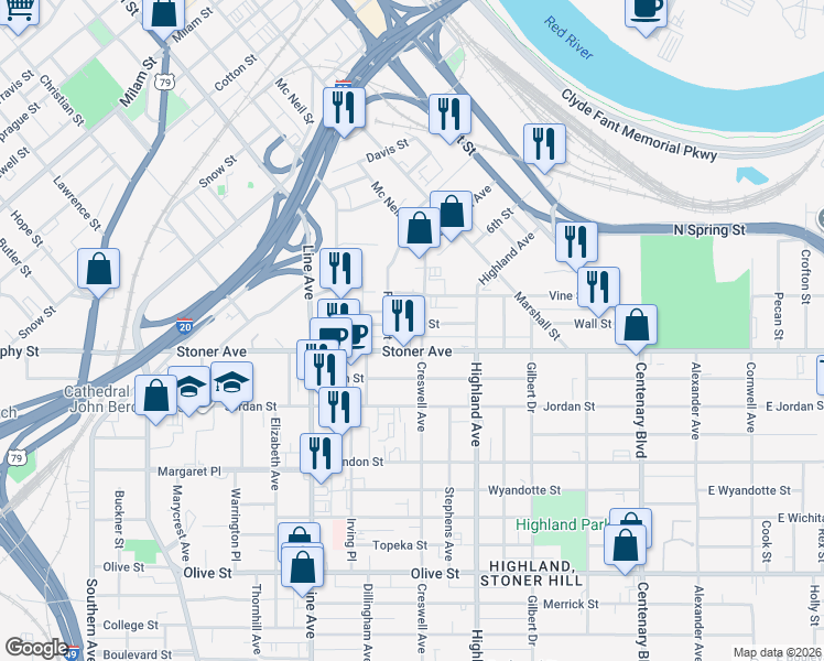 map of restaurants, bars, coffee shops, grocery stores, and more near 609 Wall Street in Shreveport