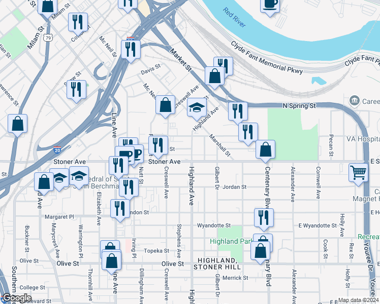 map of restaurants, bars, coffee shops, grocery stores, and more near 1207 Highland Avenue in Shreveport