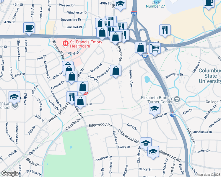 map of restaurants, bars, coffee shops, grocery stores, and more near 2514 Warm Springs Road in Columbus