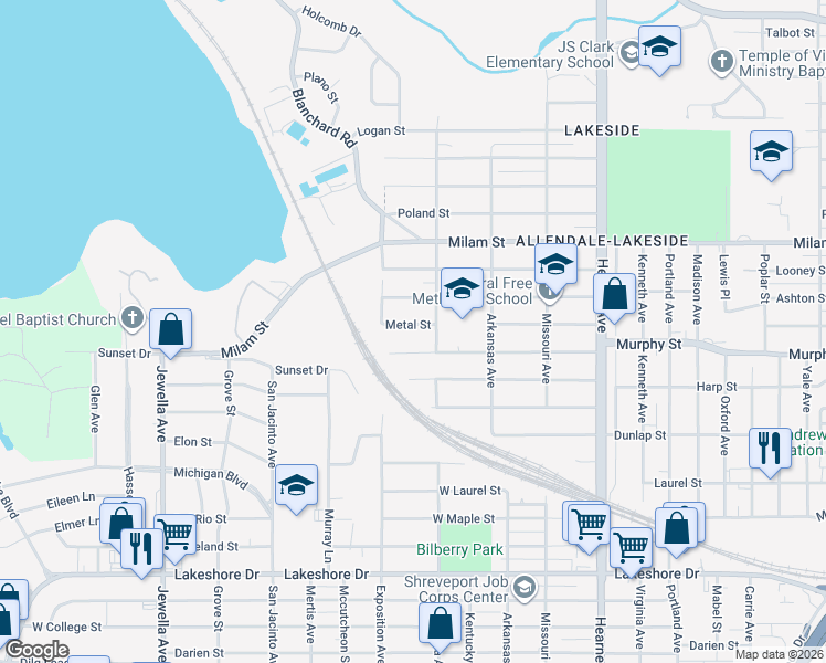 map of restaurants, bars, coffee shops, grocery stores, and more near 3125 Metal Street in Shreveport