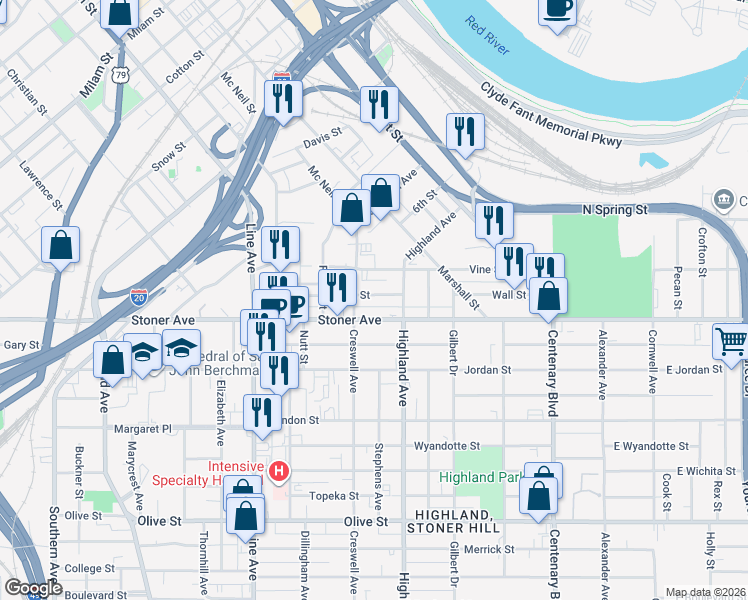 map of restaurants, bars, coffee shops, grocery stores, and more near 537 Wall Street in Shreveport