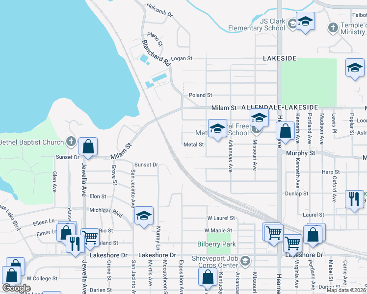 map of restaurants, bars, coffee shops, grocery stores, and more near 3157 Metal Street in Shreveport