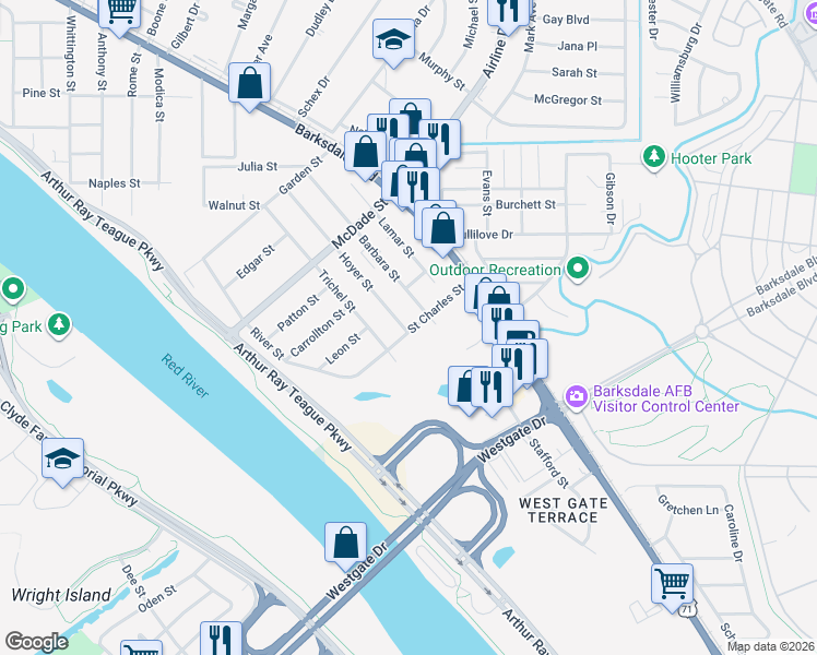 map of restaurants, bars, coffee shops, grocery stores, and more near 2663 Hoyer Street in Bossier City
