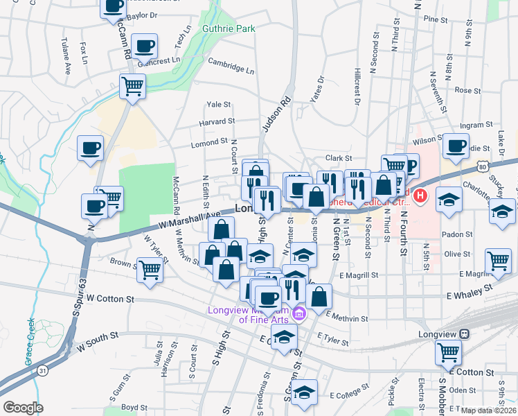 map of restaurants, bars, coffee shops, grocery stores, and more near in Longview