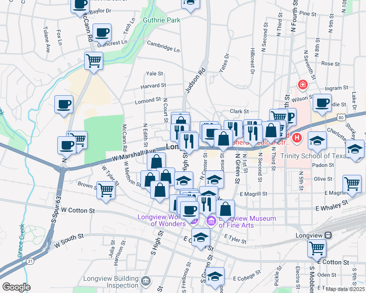 map of restaurants, bars, coffee shops, grocery stores, and more near in Longview