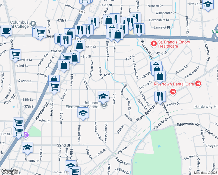 map of restaurants, bars, coffee shops, grocery stores, and more near 1605 39th Street in Columbus