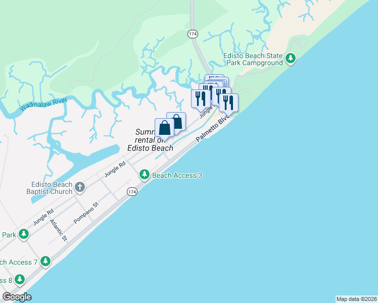 map of restaurants, bars, coffee shops, grocery stores, and more near 134 Palmetto Boulevard in Edisto Island