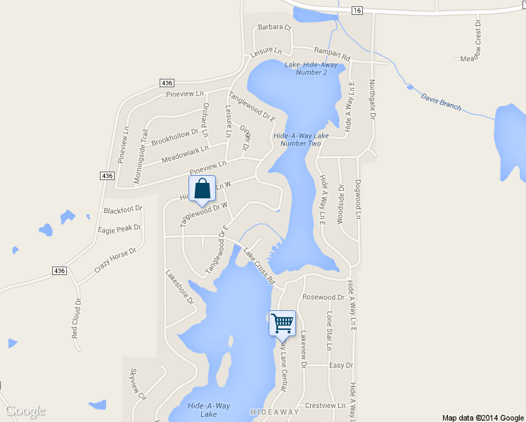 map of restaurants, bars, coffee shops, grocery stores, and more near 1521 Tanglewood Drive East in Hideaway