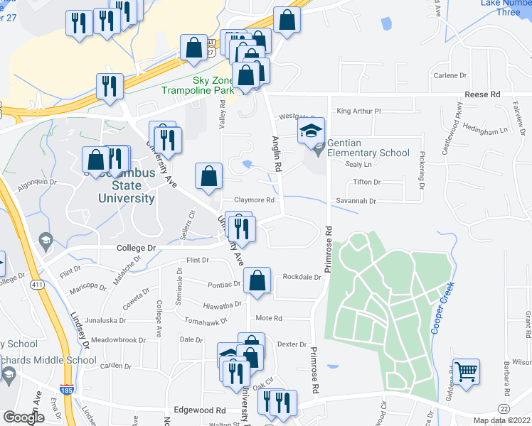 map of restaurants, bars, coffee shops, grocery stores, and more near 3625 Arkansas Drive in Columbus