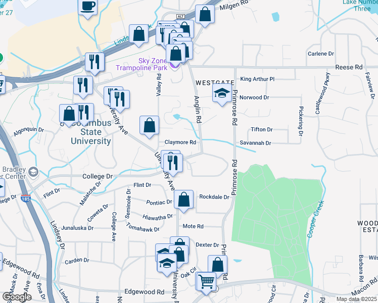 map of restaurants, bars, coffee shops, grocery stores, and more near 3625 Arkansas Drive in Columbus