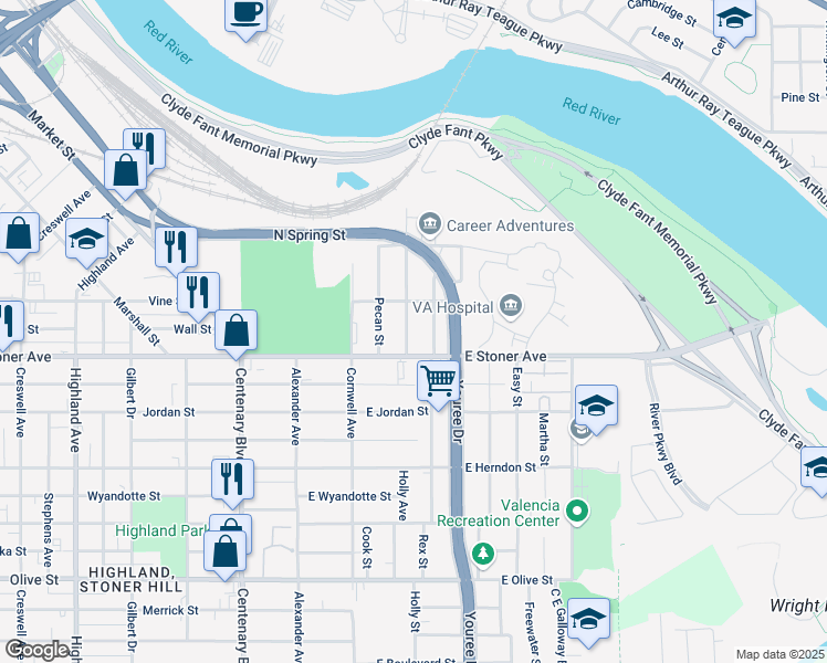 map of restaurants, bars, coffee shops, grocery stores, and more near 1236 Vaughn Avenue in Shreveport