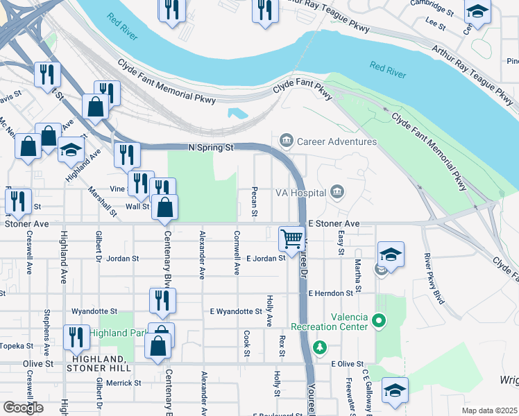 map of restaurants, bars, coffee shops, grocery stores, and more near 1235 Pecan Street in Shreveport