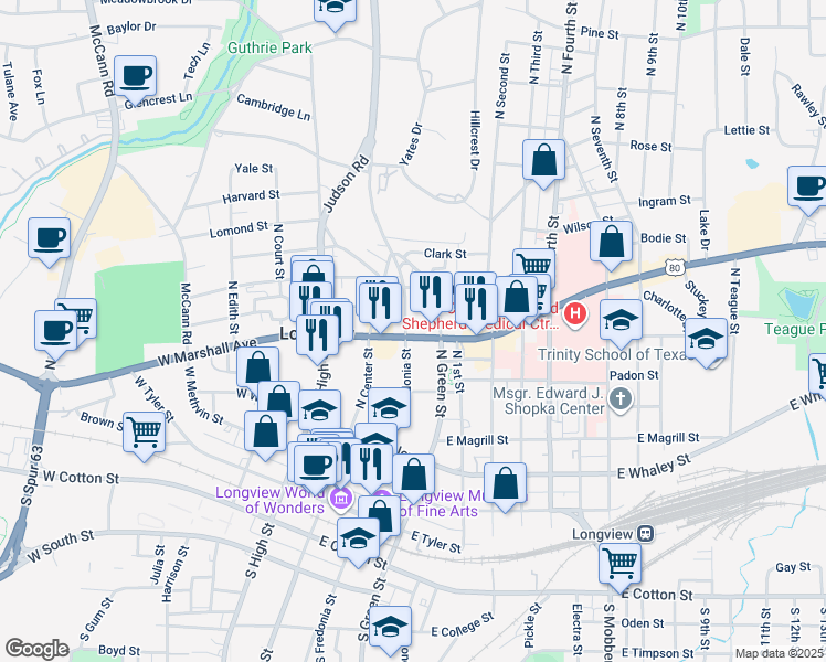 map of restaurants, bars, coffee shops, grocery stores, and more near 448 N Fredonia St in Longview