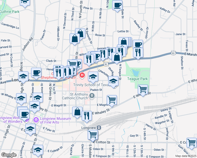 map of restaurants, bars, coffee shops, grocery stores, and more near 800 North Seventh Street in Longview