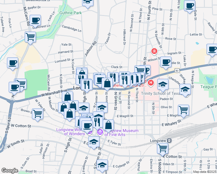 map of restaurants, bars, coffee shops, grocery stores, and more near 448 N Fredonia St in Longview