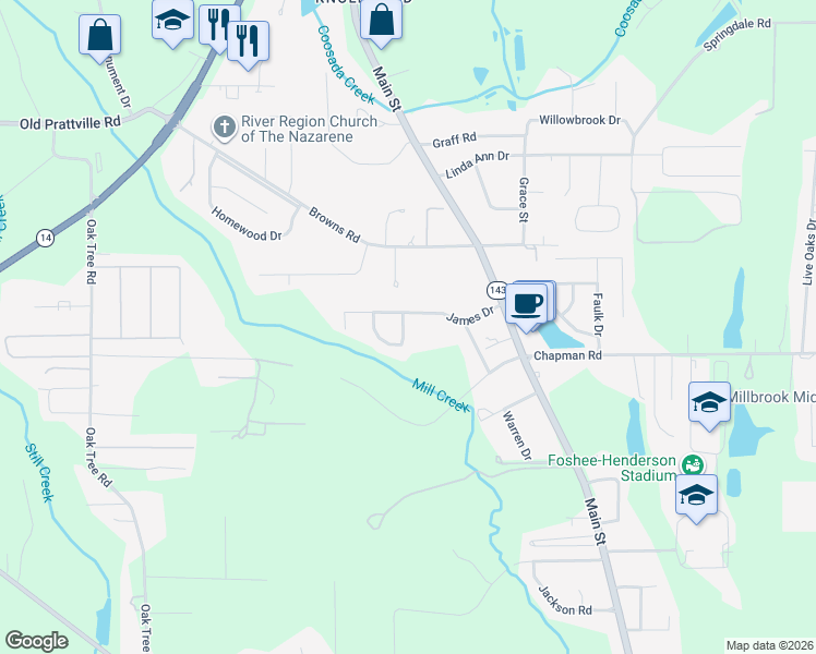 map of restaurants, bars, coffee shops, grocery stores, and more near 112 JamesTown Loop in Millbrook