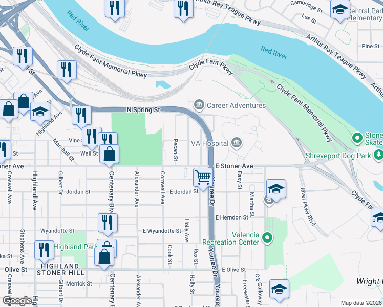 map of restaurants, bars, coffee shops, grocery stores, and more near 1231 Crofton Street in Shreveport