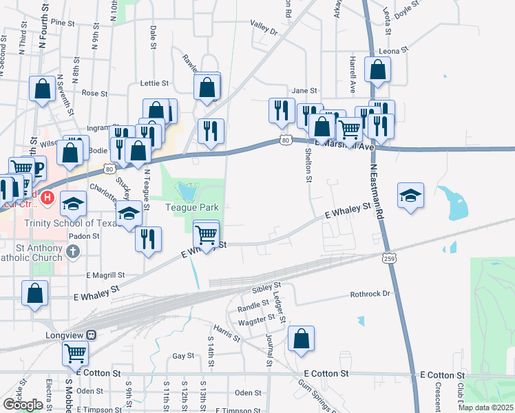 map of restaurants, bars, coffee shops, grocery stores, and more near 1500 East Whaley Street in Longview