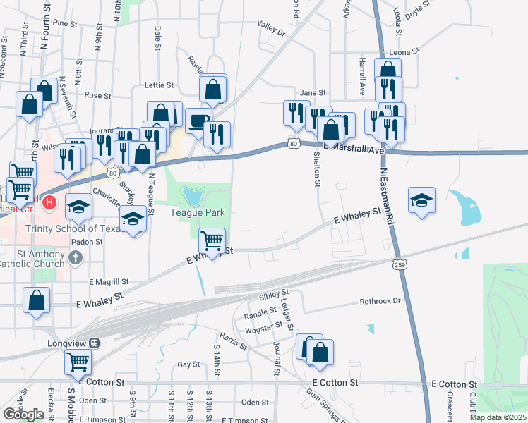map of restaurants, bars, coffee shops, grocery stores, and more near 1500 East Whaley Street in Longview