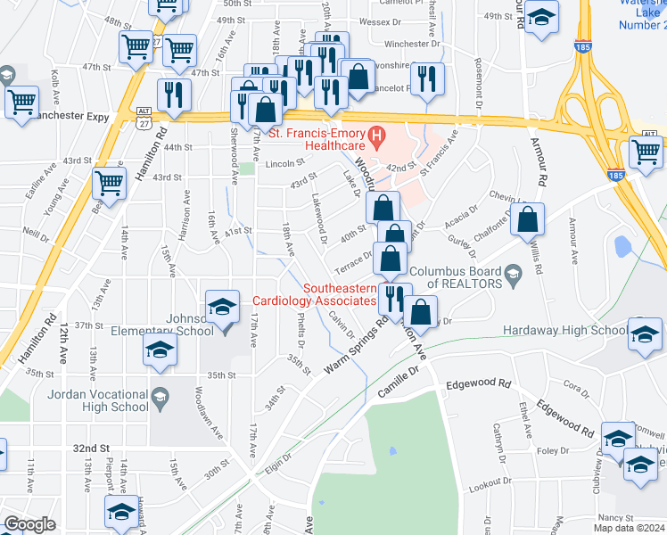 map of restaurants, bars, coffee shops, grocery stores, and more near 2007 Terrace Drive in Columbus