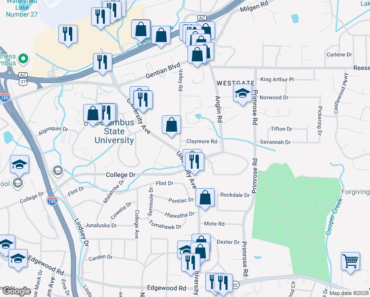 map of restaurants, bars, coffee shops, grocery stores, and more near 3603 Arkansas Drive in Columbus