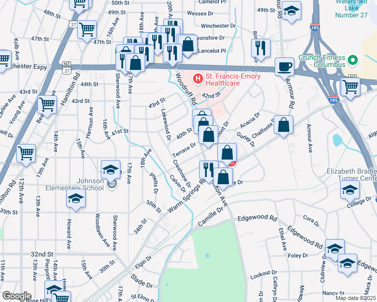 map of restaurants, bars, coffee shops, grocery stores, and more near 2103 Rosemont Drive in Columbus