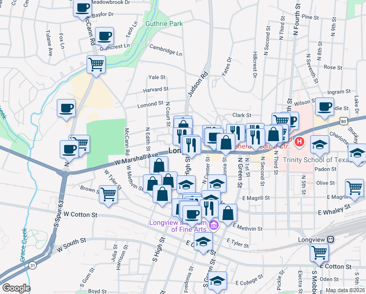 map of restaurants, bars, coffee shops, grocery stores, and more near 201 West Marshall Avenue in Longview