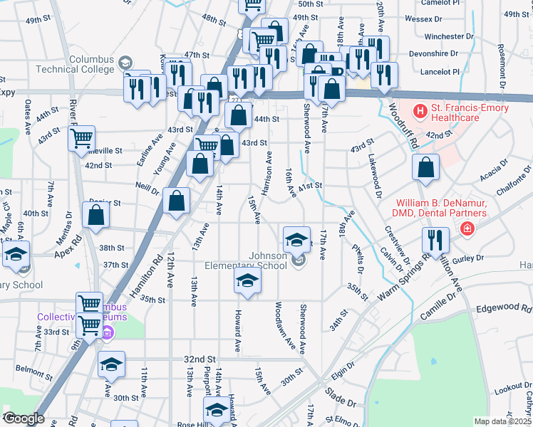 map of restaurants, bars, coffee shops, grocery stores, and more near 3906 Woodlawn Avenue in Columbus